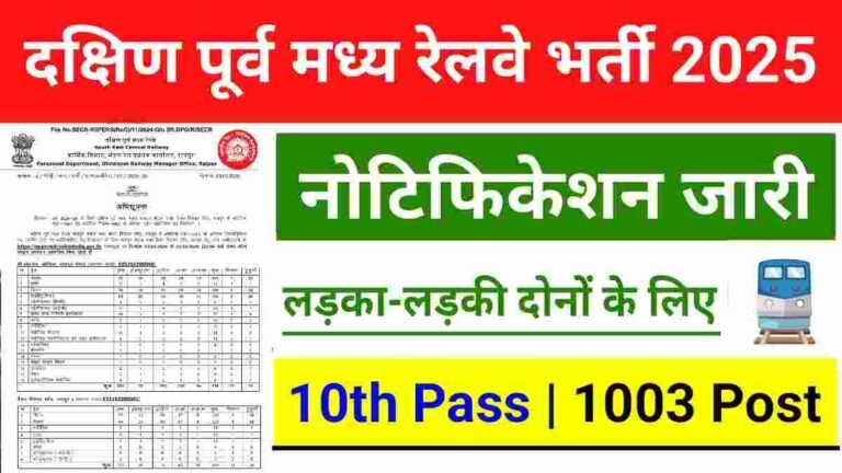 South East Central Railway Recruitment 2025 Notification Out for 1003 Apprentice Vacancies, Apply Online Starts