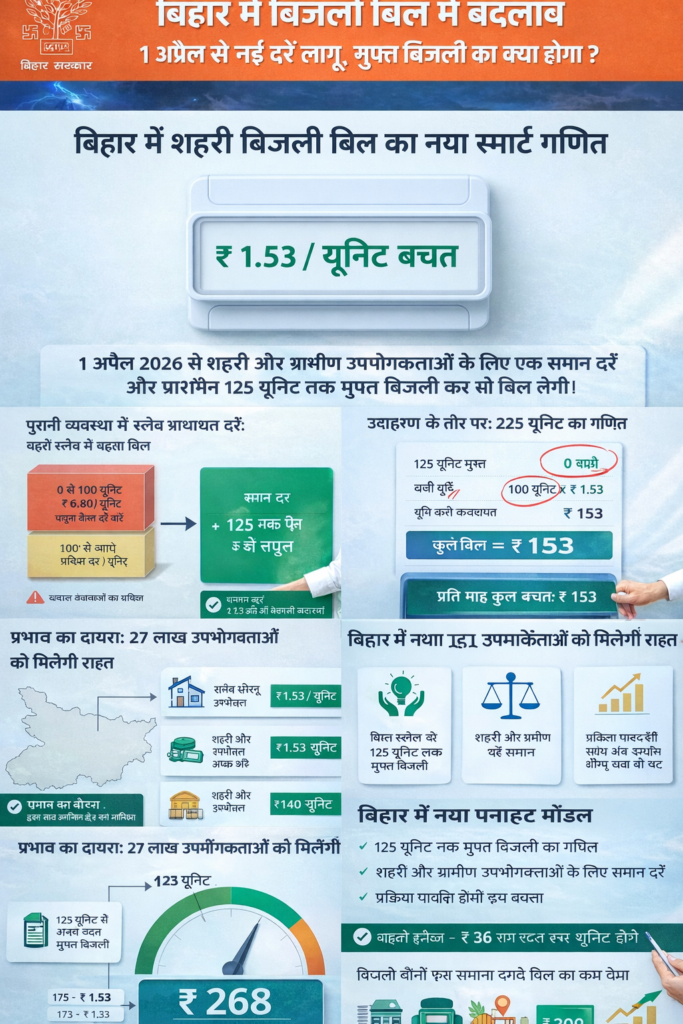 Bihar Electricity Bill New Rule 2026 लागू, 125 यूनिट फ्री बिजली का फायदा किसे मिलेगा? नया टैरिफ, नियम और पूरी जानकारी यहां पढ़ें।